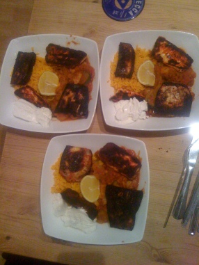 Tandoori Halloumi, veg curry and aromatic rice with home made raita.   