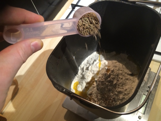 A tablespoon of cumin seeds in the base mix. They have the advantage of releasing a lot of flavour into the dough as they toast. 